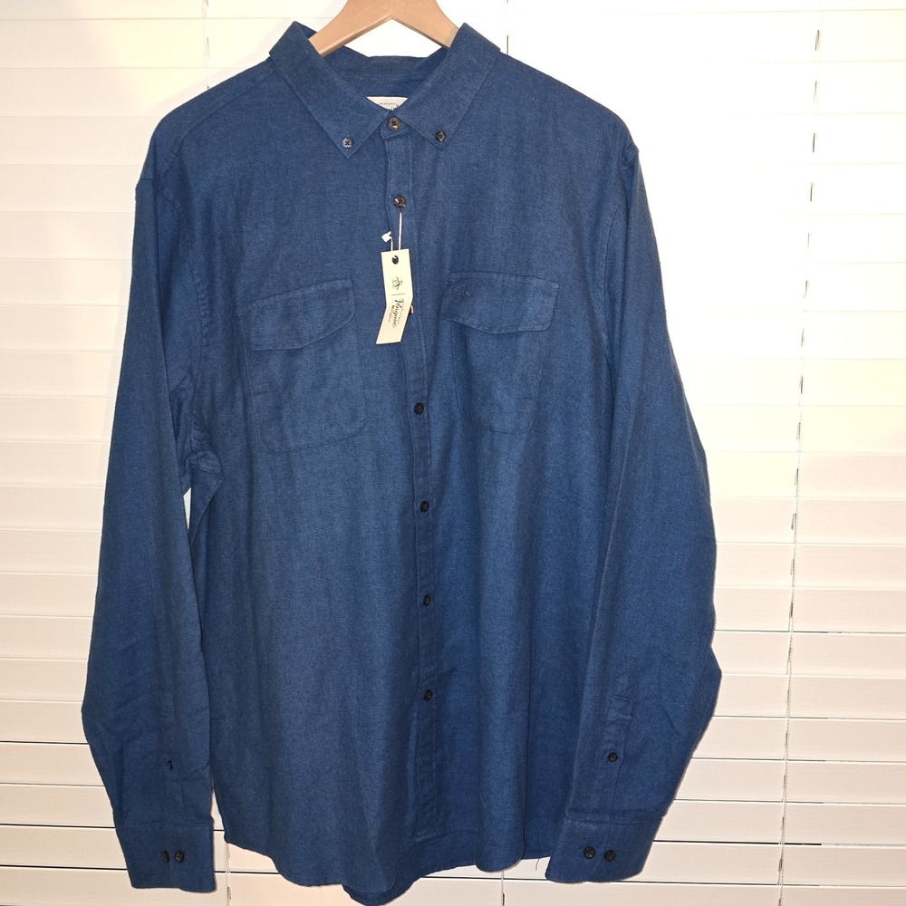 NWT Penguin Blue‎ Long Sleeve Flannel Shirt Men's Size XXL 2 Pockets